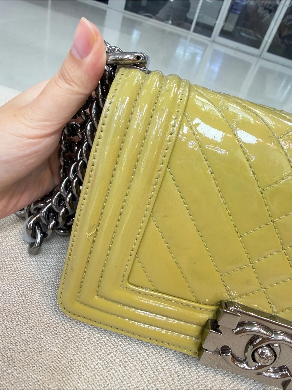 CHANEL Green Pattern Leather Small Leboy